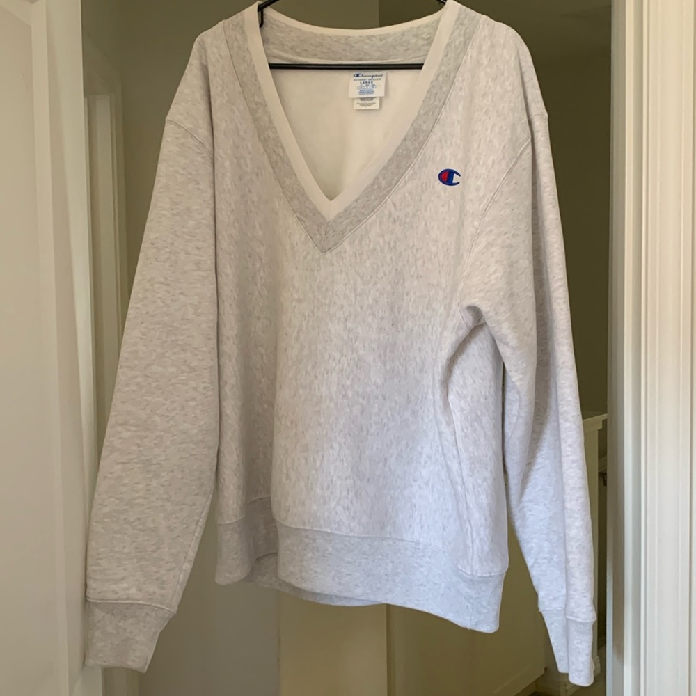 Champion. Reverse weave deep v-neck sweater. Light heather gray. Size Large